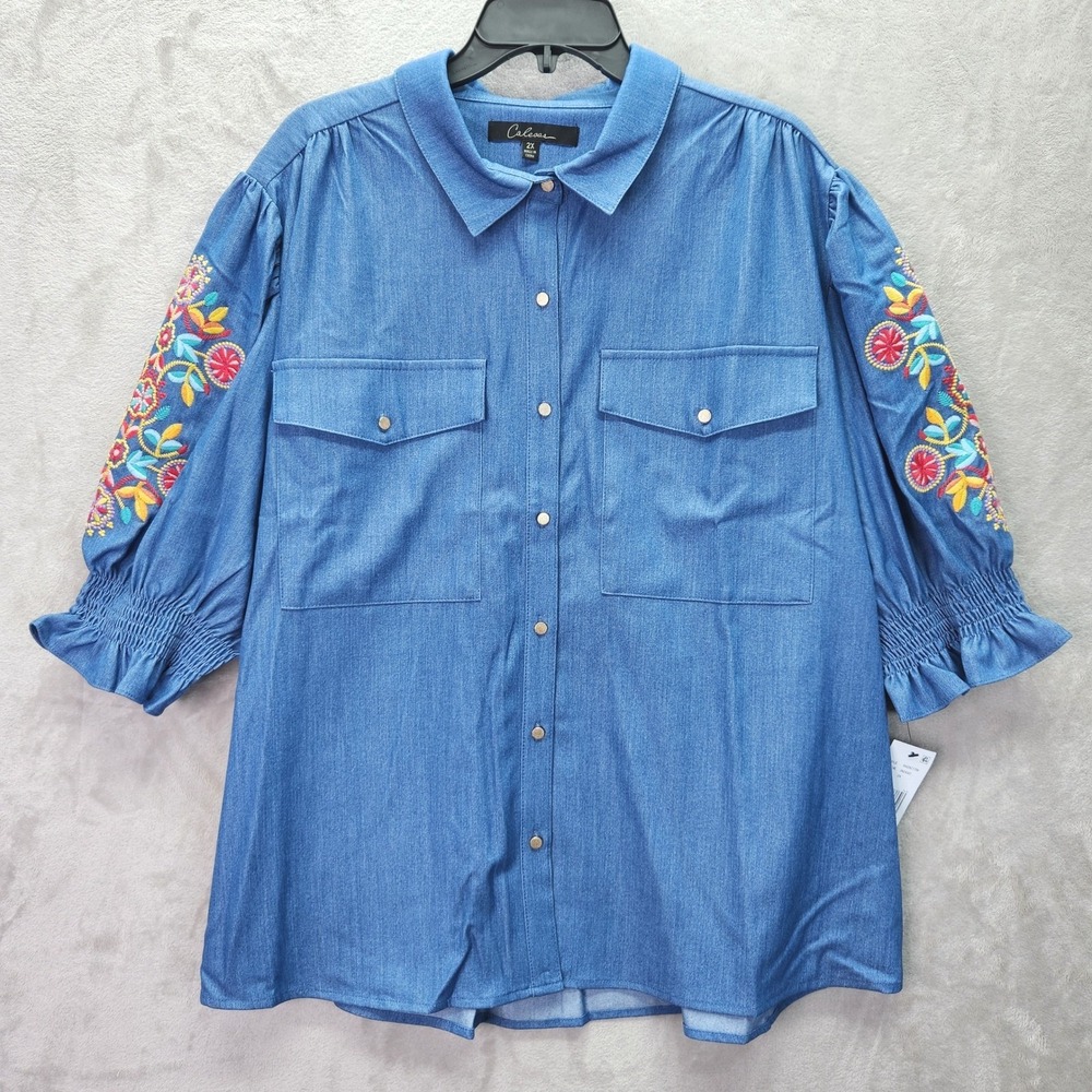 Calessa Button Down Shirt Womens XL Indigo Embroidered Sleeve Boho Western NWT